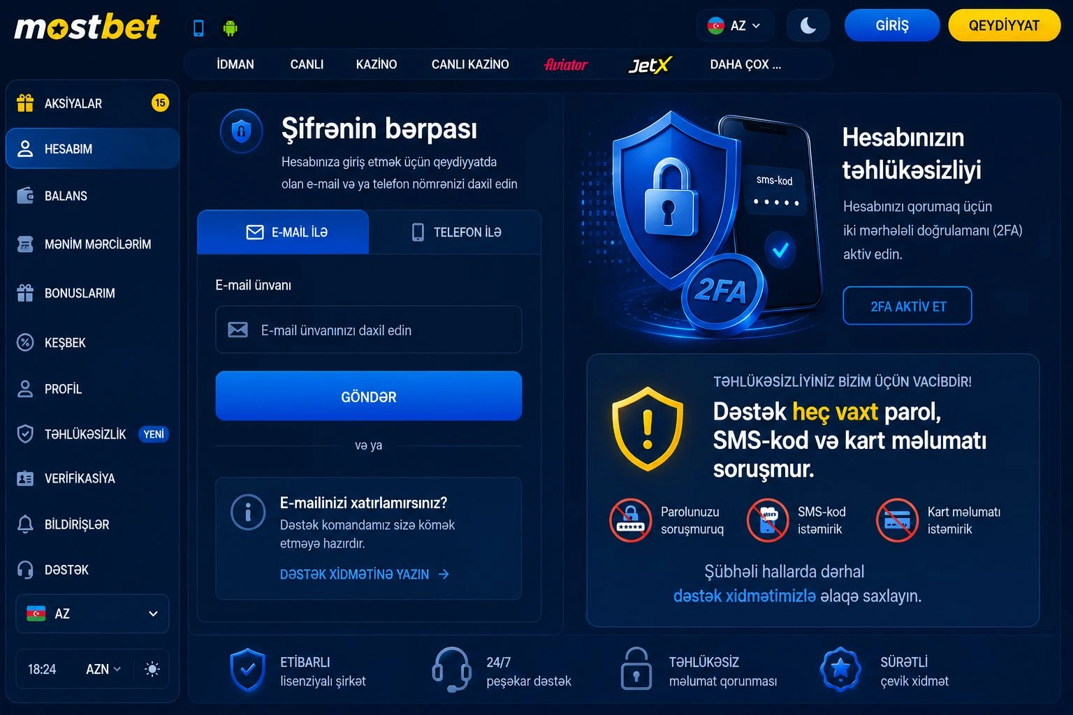 Şifrənin bərpası və hesabın təhlükəsizliyi — Mostbet giris